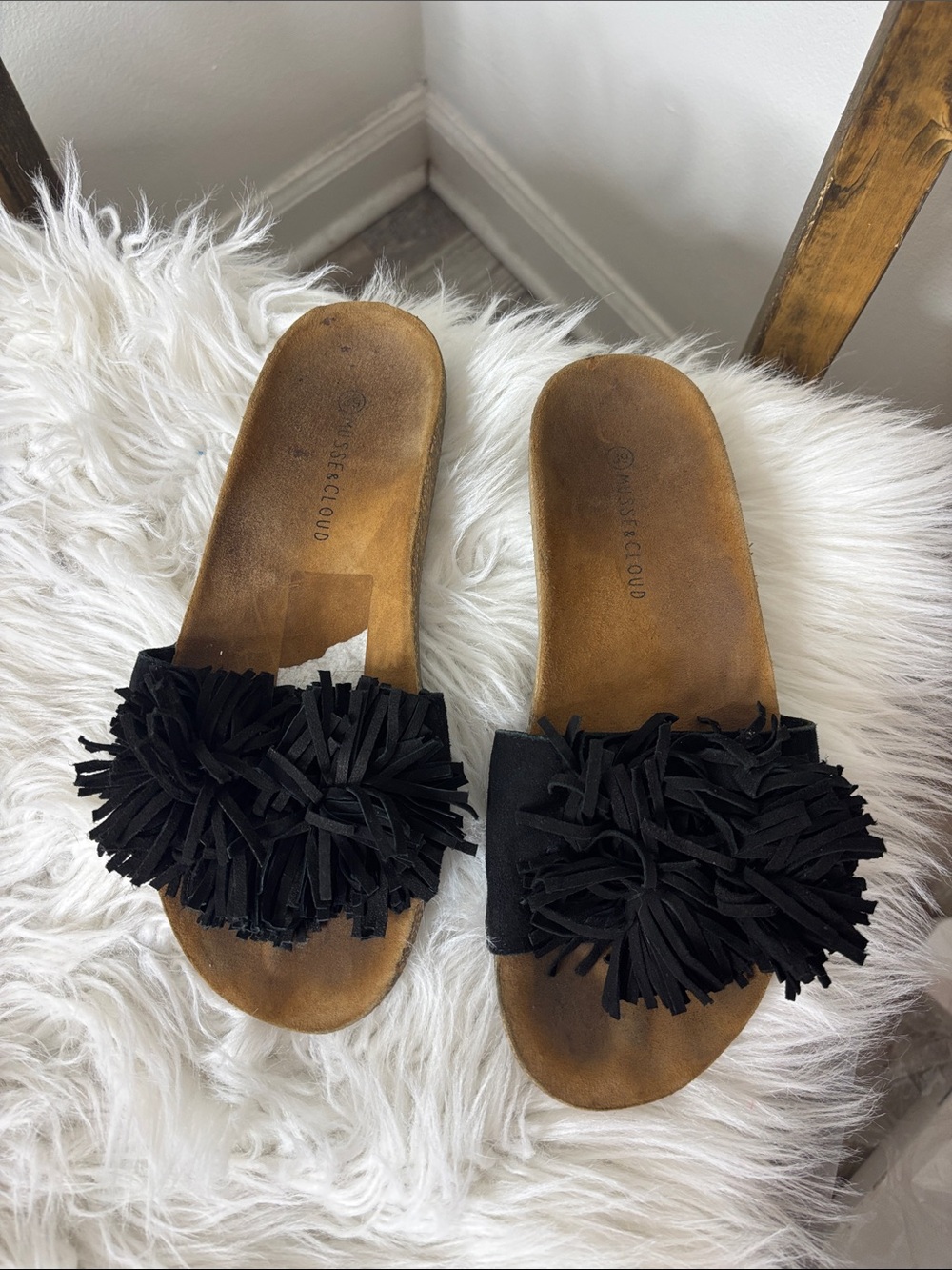 Musse & Cloud Black Fringe Slide Sandals EU39